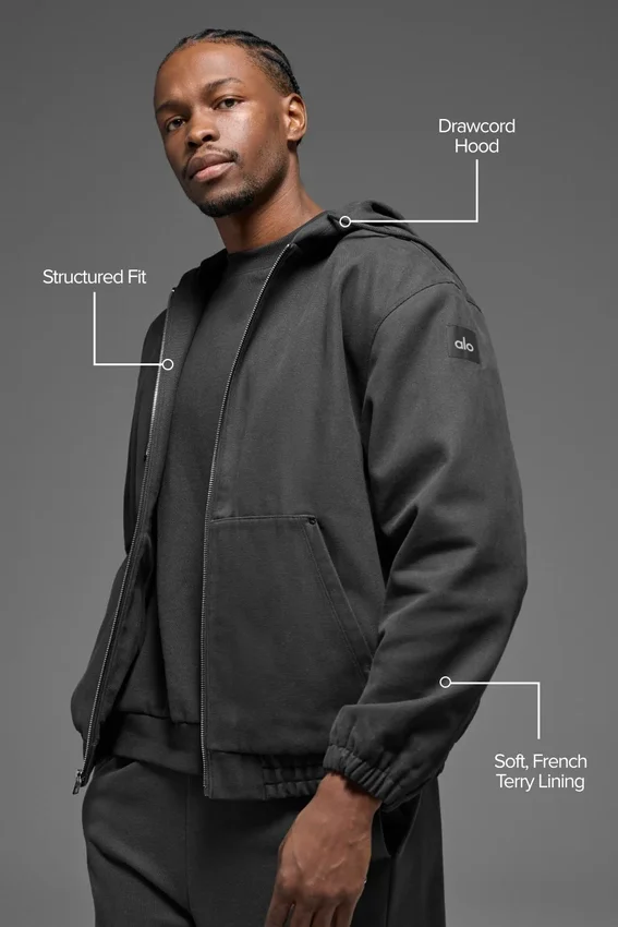 Hoodie van katoenen canvas met doorlopende rits - Anthracite