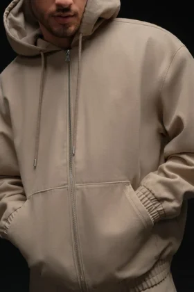 Hoodie van katoenen canvas met doorlopende rits - Gravel