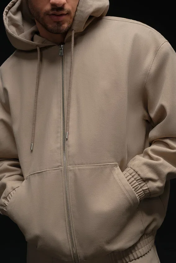 Hoodie van katoenen canvas met doorlopende rits - Gravel