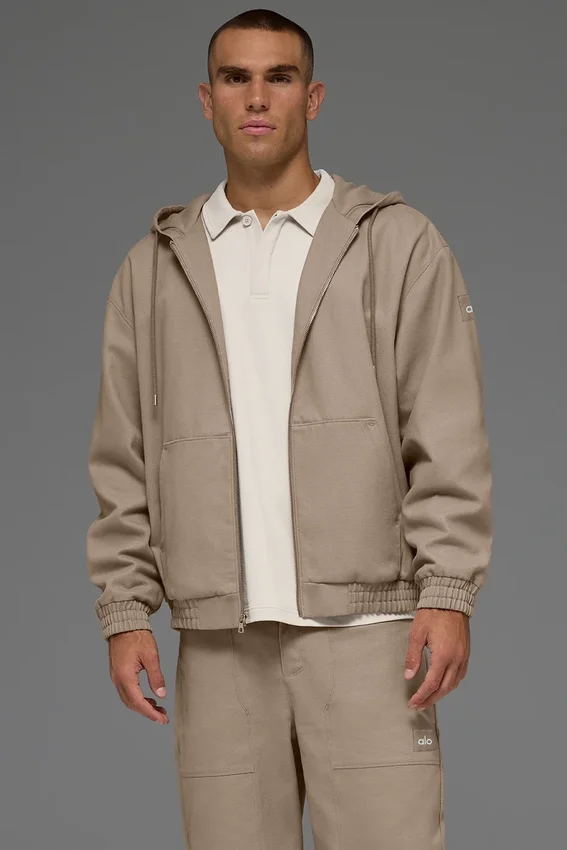 Hoodie van katoenen canvas met doorlopende rits - Gravel
