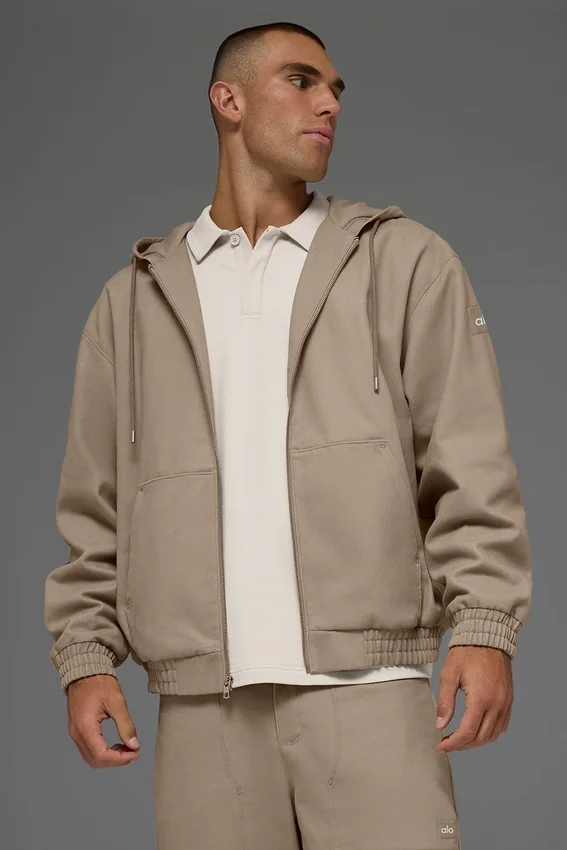 Hoodie van katoenen canvas met doorlopende rits - Gravel