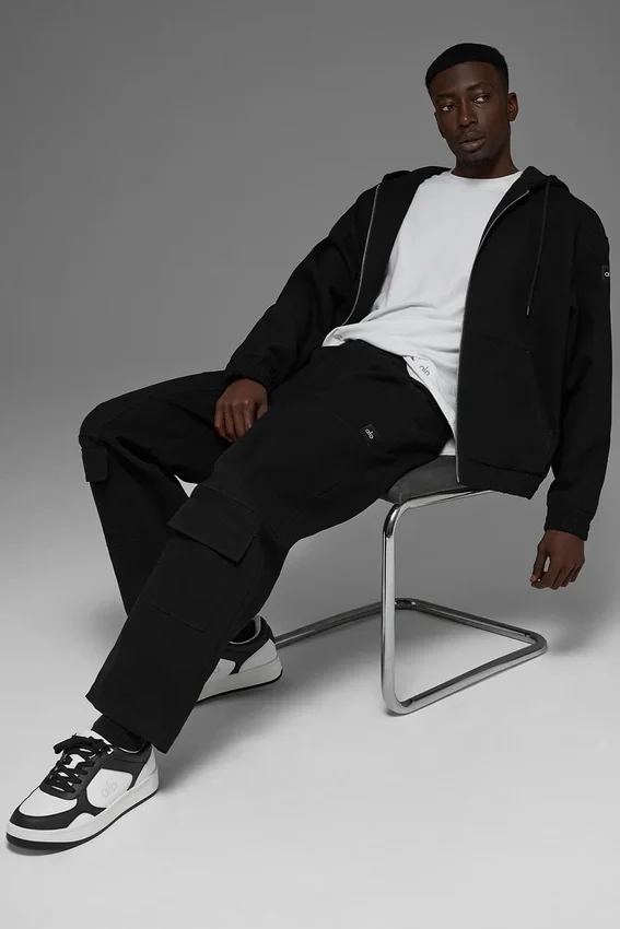 Hoodie van katoenen canvas met volledige ritssluiting - Zwart