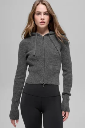 Hoodie van wol en kasjmier met ribbelpatroon en volledige ritssluiting – Platinum Grey