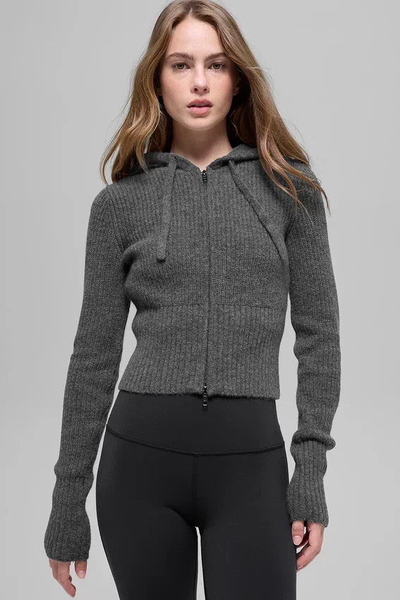 Hoodie van wol en kasjmier met ribbelpatroon en volledige ritssluiting – Platinum Grey