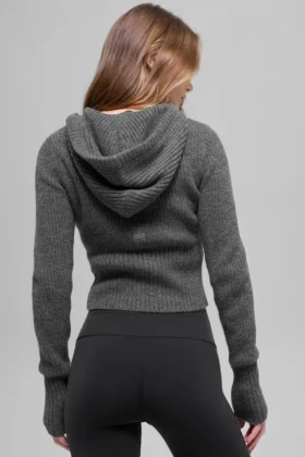 Hoodie van wol en kasjmier met ribbelpatroon en volledige ritssluiting – Platinum Grey