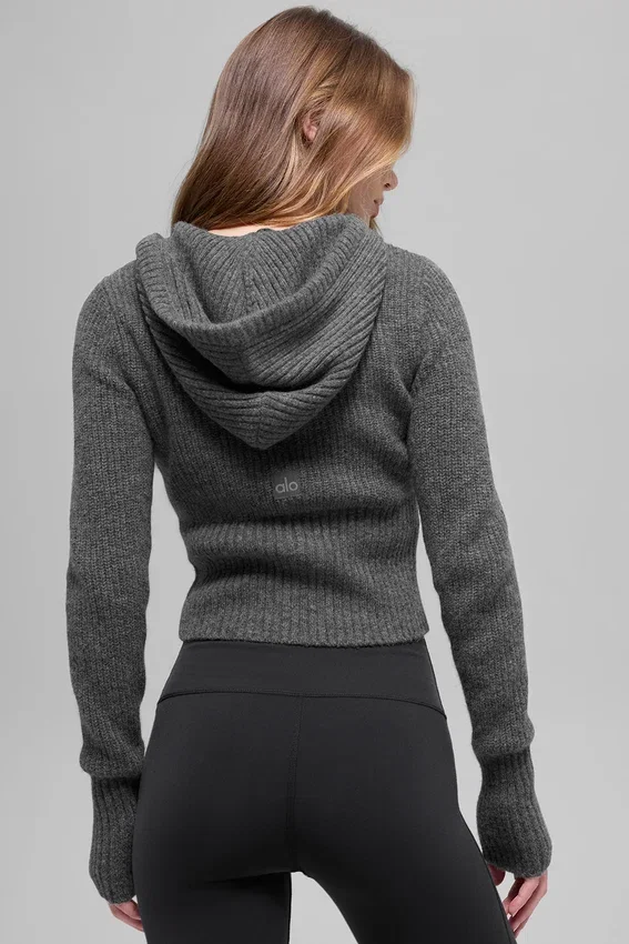 Hoodie van wol en kasjmier met ribbelpatroon en volledige ritssluiting – Platinum Grey