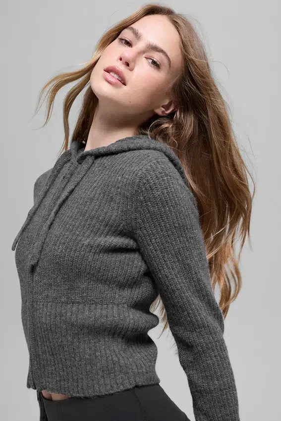 Hoodie van wol en kasjmier met ribbelpatroon en volledige ritssluiting – Platinum Grey