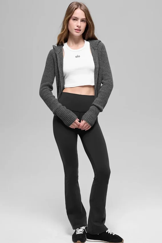 Hoodie van wol en kasjmier met ribbelpatroon en volledige ritssluiting – Platinum Grey