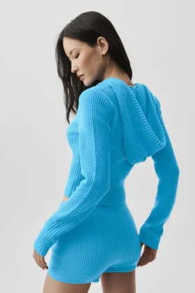 Hoodie van wol en kasjmier met ribdetail en volledige ritssluiting – Noble – Azuurblauw