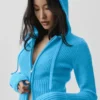 Hoodie van wol en kasjmier met ribdetail en volledige ritssluiting – Noble – Azuurblauw
