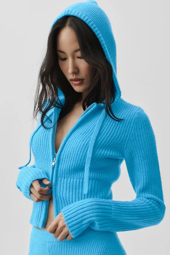 Hoodie van wol en kasjmier met ribdetail en volledige ritssluiting – Noble – Azuurblauw