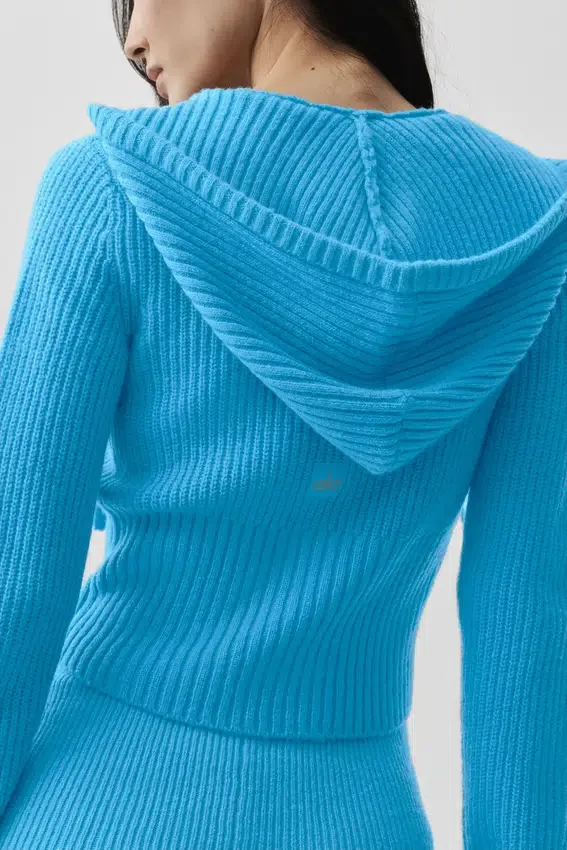 Hoodie van wol en kasjmier met ribdetail en volledige ritssluiting – Noble – Azuurblauw