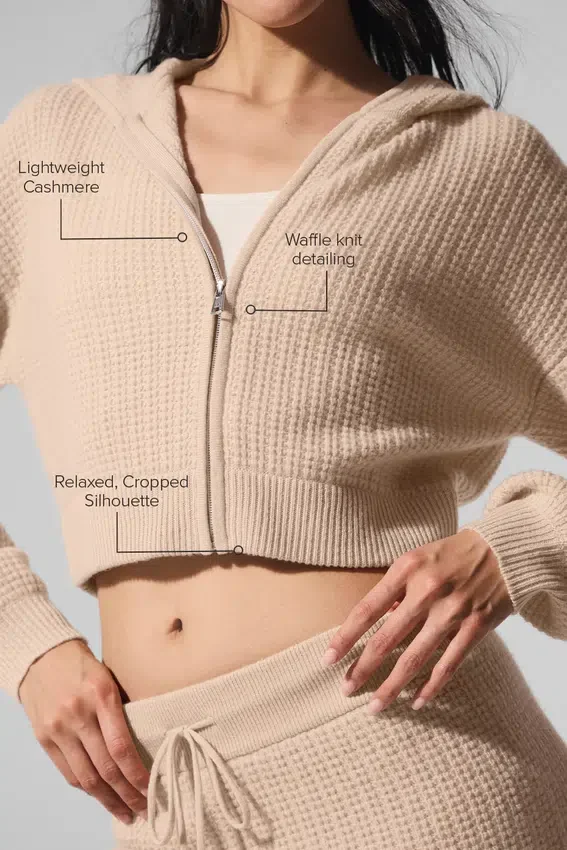 Hoodie van zacht kasjmier met wafelpatroon en doorlopende rits – Macadamia Blush