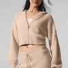 Hoodie van zacht kasjmier met wafelpatroon en doorlopende rits – Macadamia Blush