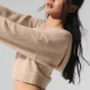 Hoodie van zacht kasjmier met wafelpatroon en doorlopende rits – Macadamia Blush