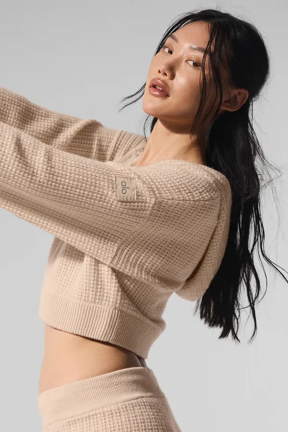 Hoodie van zacht kasjmier met wafelpatroon en doorlopende rits – Macadamia Blush