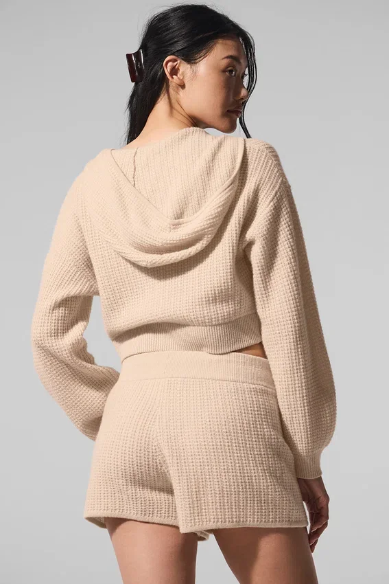 Hoodie van zacht kasjmier met wafelpatroon en doorlopende rits – Macadamia Blush