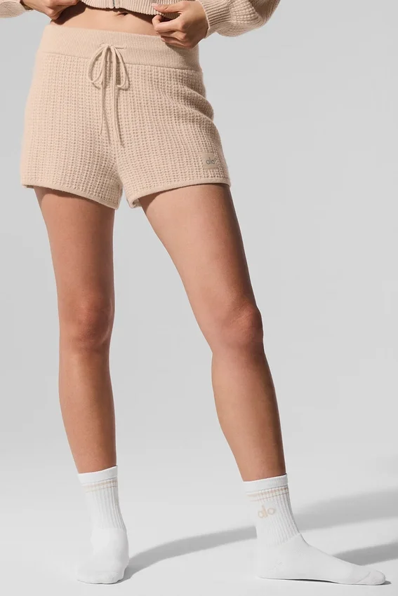 Kashmir High-Waist-korte broek met zachte wafelstof - Macadamia Blush