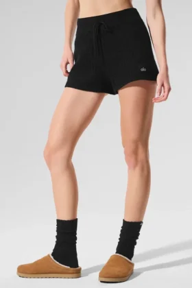 Kashmir High-Waist plush waffle korte broek - Zwart