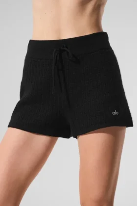 Kashmir High-Waist plush waffle korte broek – Zwart