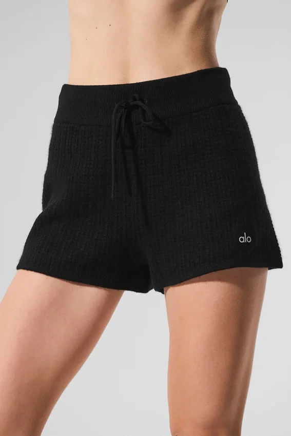 Kashmir High-Waist plush waffle korte broek - Zwart