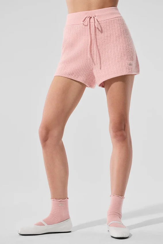 Kashmir-korte broek met High-Waist en zachte wafelstof - Pink Quartz
