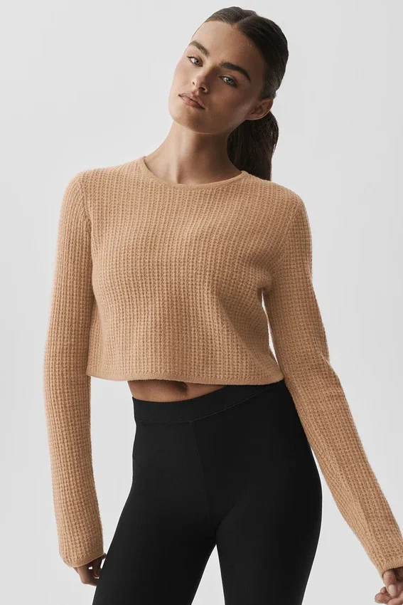 Kashmir-pluche waffelpatroon cropped shirt met lange mouwen - Toasted Almond