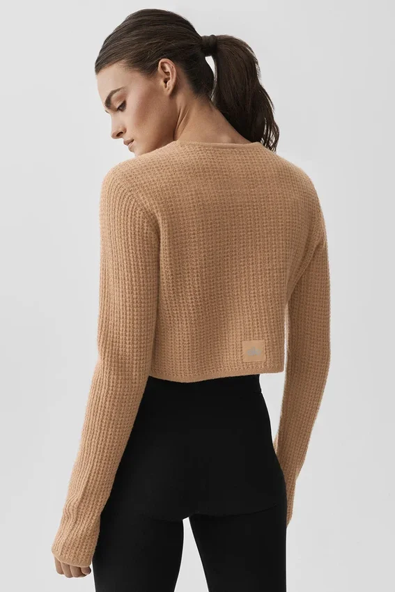 Kashmir-pluche waffelpatroon cropped shirt met lange mouwen - Toasted Almond