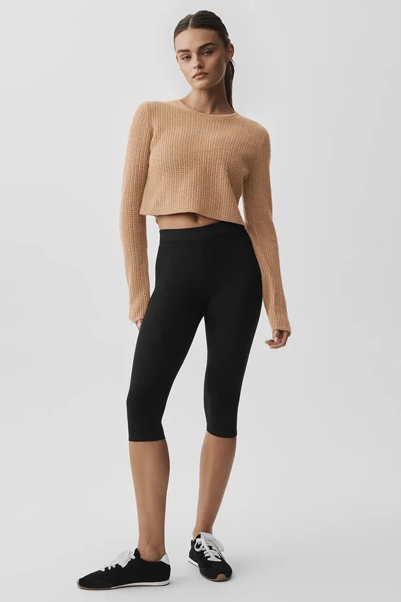 Kashmir-pluche waffelpatroon cropped shirt met lange mouwen - Toasted Almond