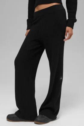 Kasjmier High-Waist broek met zachte wafelbreistructuur - Zwart