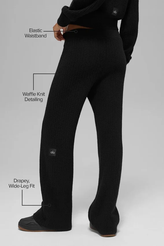 Kasjmier High-Waist broek met zachte wafelbreistructuur - Zwart