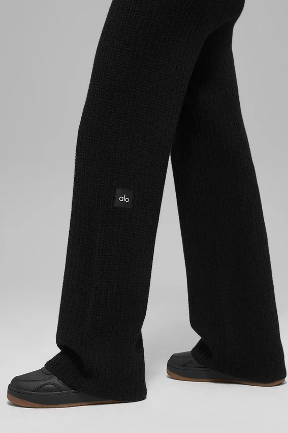 Kasjmier High-Waist broek met zachte wafelbreistructuur - Zwart