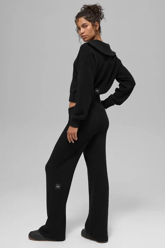 Kasjmier High-Waist broek met zachte wafelbreistructuur - Zwart