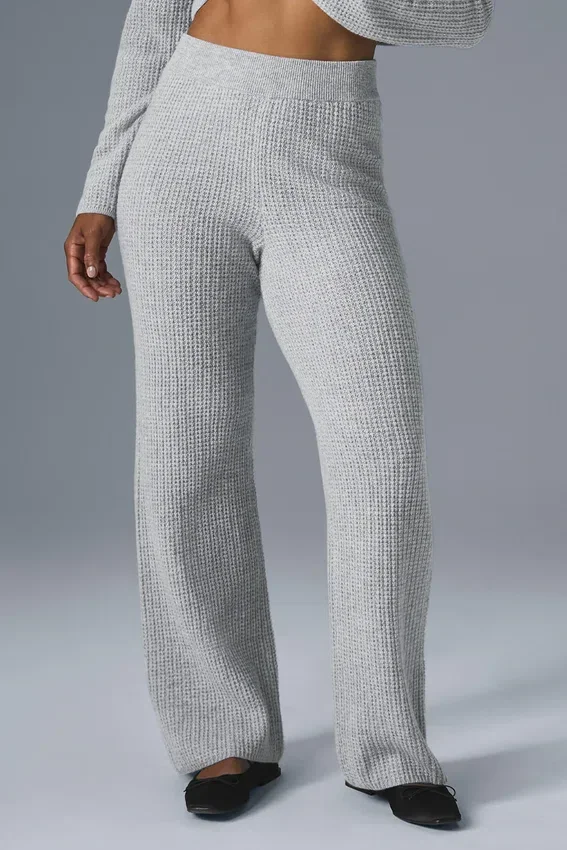 Kasjmier High-Waist broek met zachte wafelstof - Athletic Heather Grey