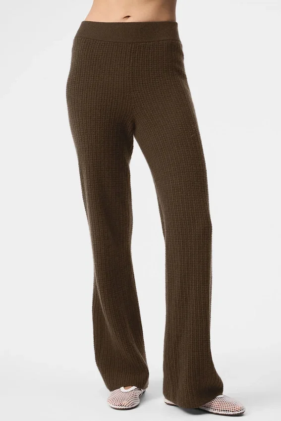Kasjmier High-Waist broek met zachte wafelstof - Espresso