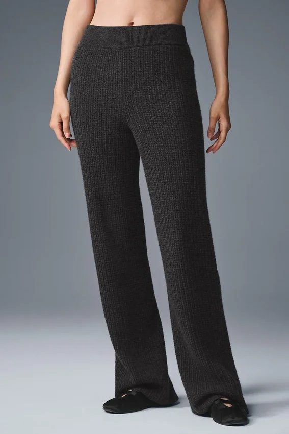 Kasjmier High-Waist broek met zachte wafelstructuur - donker gemêleerd grijs