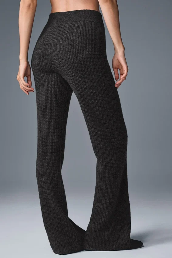 Kasjmier High-Waist broek met zachte wafelstructuur - donker gemêleerd grijs