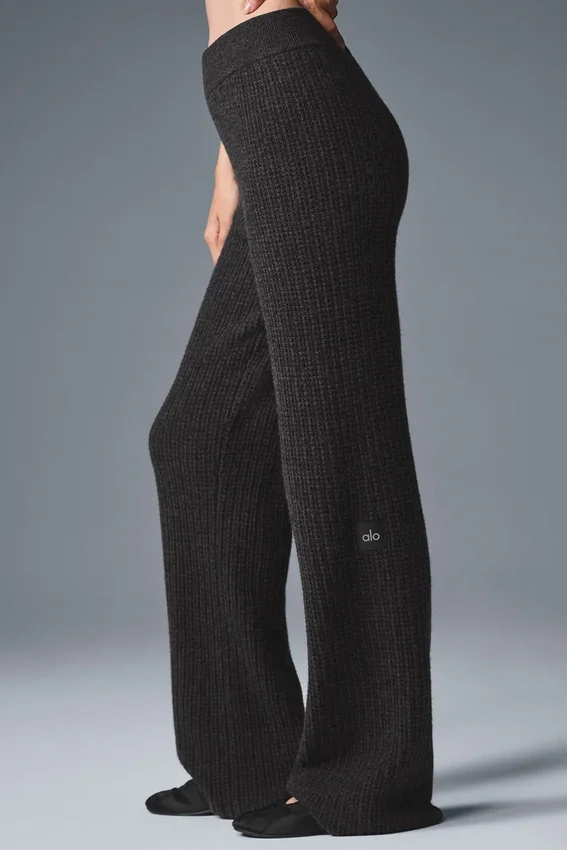 Kasjmier High-Waist broek met zachte wafelstructuur - donker gemêleerd grijs