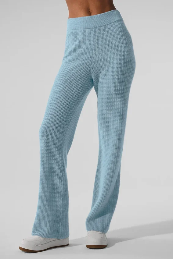 Kasjmier High-Waist broek met zachte wafelstructuur - hemelsblauw gemêleerd
