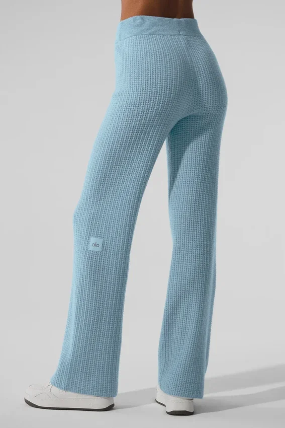 Kasjmier High-Waist broek met zachte wafelstructuur - hemelsblauw gemêleerd