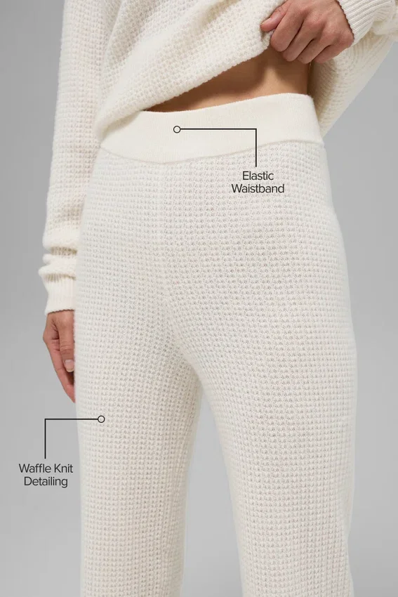 Kasjmier High-Waist broek met zachte wafelstructuur - ivoor