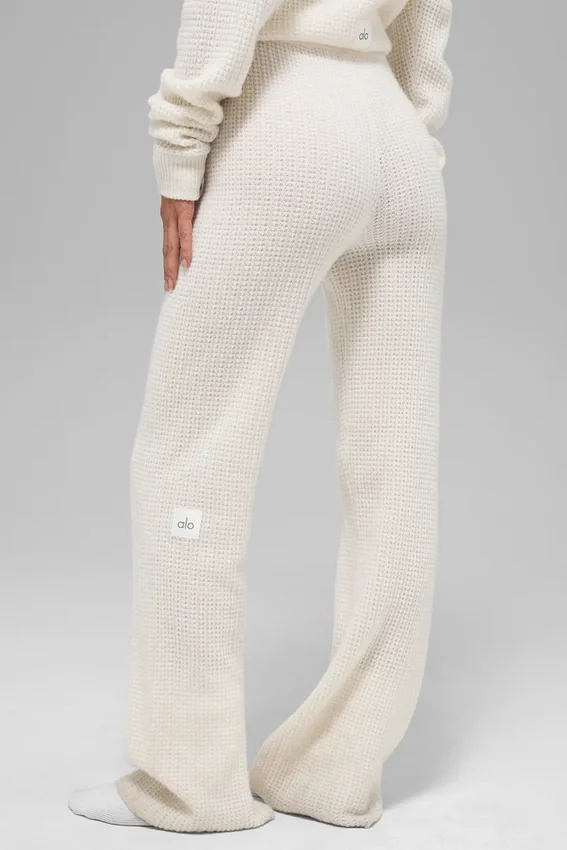Kasjmier High-Waist broek met zachte wafelstructuur - ivoor