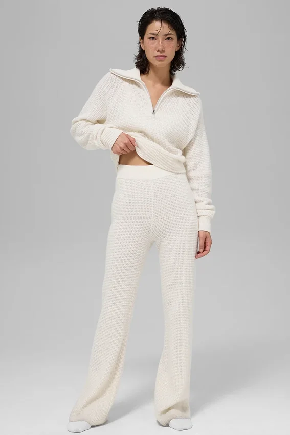 Kasjmier High-Waist broek met zachte wafelstructuur - ivoor