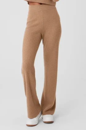 Kasjmier High-Waist broek met zachte wafelstructuur - Toasted Almond