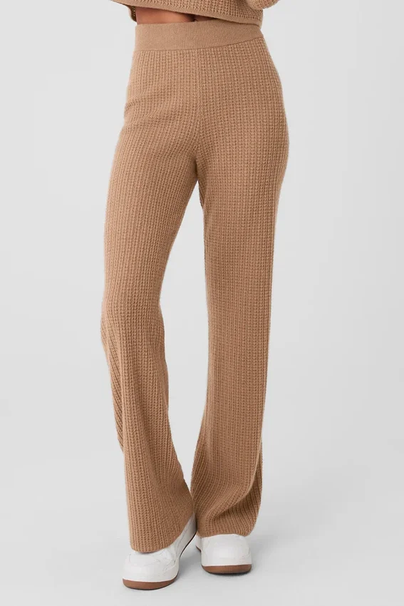 Kasjmier High-Waist broek met zachte wafelstructuur - Toasted Almond
