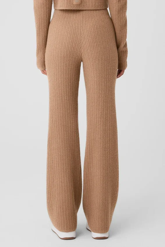 Kasjmier High-Waist broek met zachte wafelstructuur - Toasted Almond