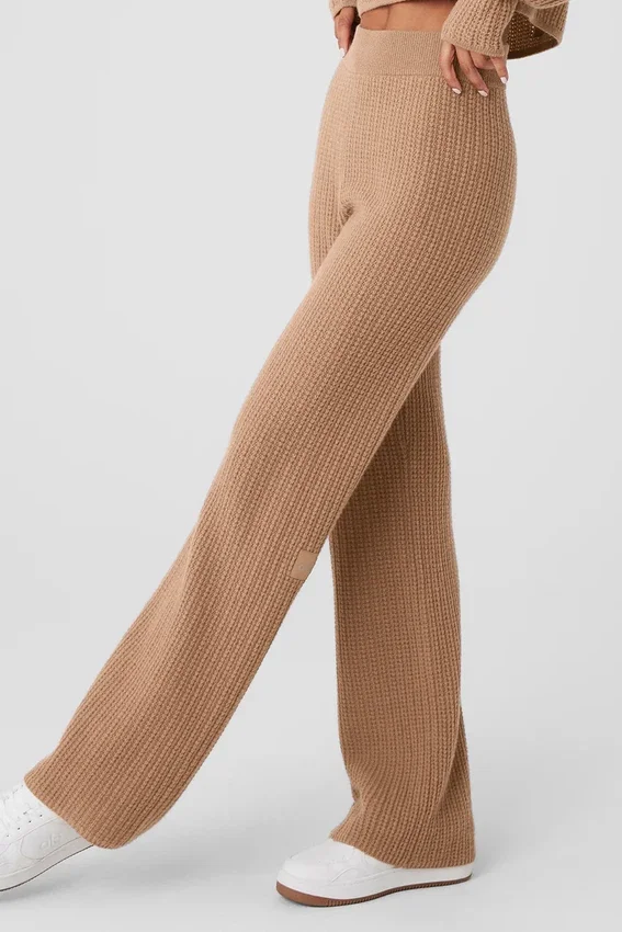 Kasjmier High-Waist broek met zachte wafelstructuur - Toasted Almond