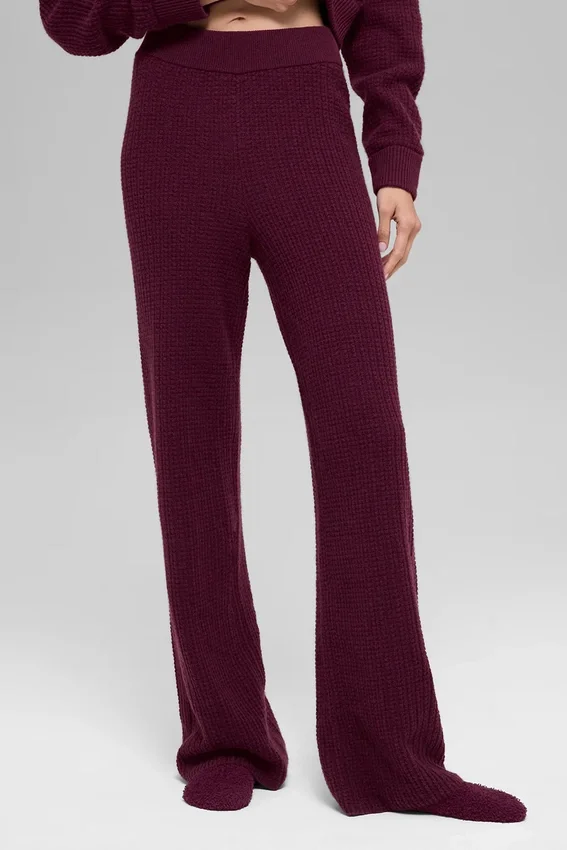 Kasjmier High-Waist pluche broek met wafelstructuur - Bordeauxrood