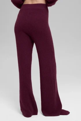 Kasjmier High-Waist pluche broek met wafelstructuur – Bordeauxrood