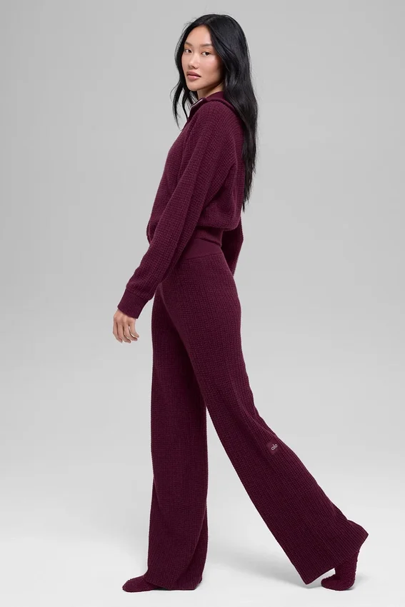 Kasjmier High-Waist pluche broek met wafelstructuur - Bordeauxrood